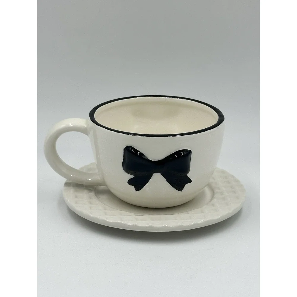 Parisian Black Bow Cup & Saucer Set Hand Painted Ceramic Valentine Gift